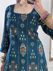 Teal Blue Maslin Cotton Printed Kurti with Embroidered Farshi Plazzo Co-Ord Set for Women