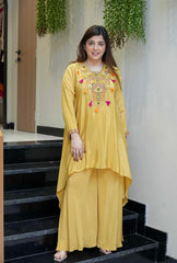 Yellow & Blush Pink French Crepe Embroidered Kurta Palazzo Set