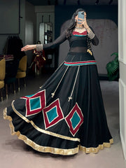Classic Black Marble Navratri Lehenga Choli Set with Sheer Tunic & Cowrie Bell Detailing