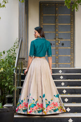 Cream Floral Printed Tassar Silk Lehenga with Handworked Banglory Blouse | Designer Festive Lehenga Set for Women