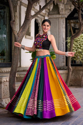 Multicolor Patchwork Rayon Navratri Lehenga Choli with Mirror Work Blouse