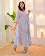 Pastel Yellow & Powder Blue Parampara Silk Embroidered Anarkali Kurta Pant Set with Organza Dupatta