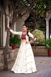 Ivory White Rayon Navratri Lehenga Choli with Mirror Gamthi Work