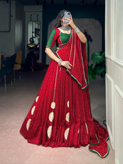 Navratri Special Bandhej Print Satin Chiffon Lehenga Choli with Dola Silk Hotfix Blouse & Dupatta