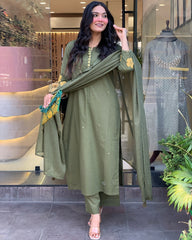 Olive Green Chanderi Silk Embroidered Kurta Pant Set with Chanderi Dupatta | Festive & Party Wear