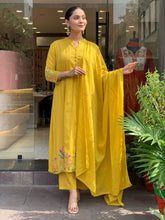 Rooprangi Women's Premium Chanderi Silk Embroidered Kurta Pant Set with Chanderi Dupatta | Olive Green & Mustard Yellow