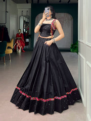 Classic Black Pure Cotton Navratri Lehenga Choli with Mirror Work & Kutchi Lace