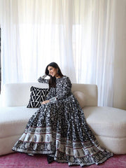 Black Premium Maslin Cotton Printed Anarkali Gown Set with Dupatta | Designer 3-Piece Ethnic Suit
