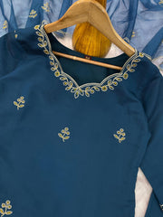 Premium Roman Silk Embroidered Suit Set with Organza Dupatta | Designer Ethnic Wear for Women