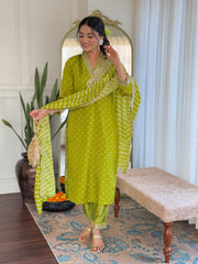 Red & Lime Green Viscose Bandhani Print Embroidered Kurta Pant Set with Muslin Dupatta
