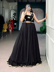 Black Flow Fabric Navratri Lehenga Choli Set with Lotus Handwork & Long Designer Jacket