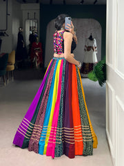 Multicolor Pure Rayon Navratri Lehenga Choli with Mirror Work & Cowrie Lace Blouse