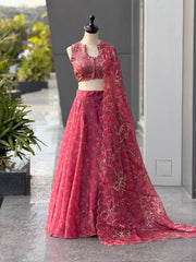 Rose Pink Jimmy Organza Digital Printed Lehenga Set with Sequins Blouse & Designer Batwa
