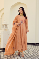 Rooprangi Women's Premium Chanderi Silk Embroidered Kurta Palazzo Set with Chanderi Dupatta | Sage Green & Peach | Festive Wear