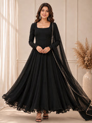 Solid Georgette Anarkali Gown Set with Lace Border Dupatta | Designer Party Wear & Festive Wear Gown for Women