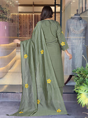 Olive Green Chanderi Silk Embroidered Kurta Pant Set with Chanderi Dupatta | Festive & Party Wear