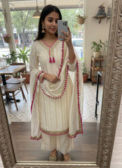 White Chanderi Silk 3 Piece Kurti Pant Set with Dupatta & Fancy Lace Work