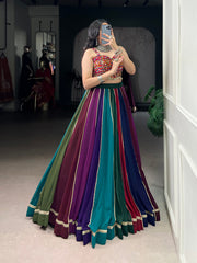 Multicolor Pure Cotton Navratri Lehenga Choli with Mirror Work & Kutchi Lace