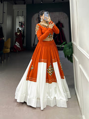 Orange & White Rayon Navratri Lehenga Choli with Gamthi Patch Work