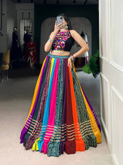 Multicolor Pure Rayon Navratri Lehenga Choli with Mirror Work & Cowrie Lace Blouse