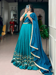 Teal Blue Chanderi Navratri Lehenga Choli Set with Mirror Work & Zari Butti Dupatta