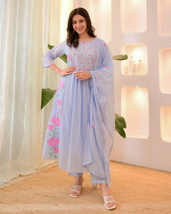 Pastel Yellow & Powder Blue Parampara Silk Embroidered Anarkali Kurta Pant Set with Organza Dupatta