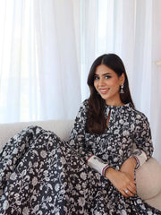 Black Premium Maslin Cotton Printed Anarkali Gown Set with Dupatta | Designer 3-Piece Ethnic Suit