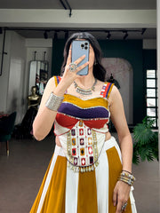 Rooprangi Women's Navratri Mirror Work Rayon Lehenga Choli Set | White, Mustard & Purple