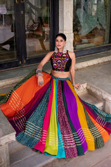 Multicolor Patchwork Rayon Navratri Lehenga Choli with Mirror Work Blouse