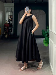 Women's Premium Black Khadi Cotton A-Line Midi Dress with Pocket | Casual & Everyday Wear