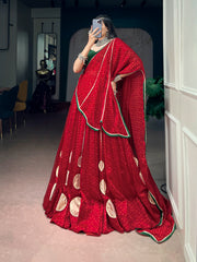 Navratri Special Bandhej Print Satin Chiffon Lehenga Choli with Dola Silk Hotfix Blouse & Dupatta
