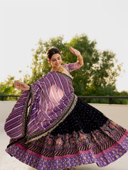 Black Malai Silk Navratri Lehenga Choli with Mirror Work & Printed Dupatta | Designer Garba & Festive Wear Lehenga for Women