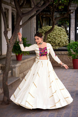 Ivory White Rayon Navratri Lehenga Choli with Mirror Gamthi Work