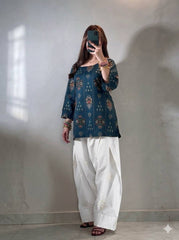 Teal Blue Maslin Cotton Printed Kurti with Embroidered Farshi Plazzo Co-Ord Set for Women