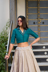 Cream Floral Printed Tassar Silk Lehenga with Handworked Banglory Blouse | Designer Festive Lehenga Set for Women