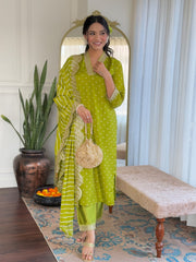 Red & Lime Green Viscose Bandhani Print Embroidered Kurta Pant Set with Muslin Dupatta