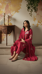 Olive Green & Maroon Chanderi Silk Embroidered Kurta Pant Set with Embroidered Chanderi Dupatta