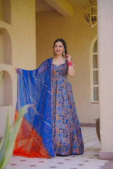 Rooprangi Women's Premium Royal Blue Jimmy Organza Silk Digital Printed Anarkali Gown with Organza Dupatta | Festive & Wedding Wear