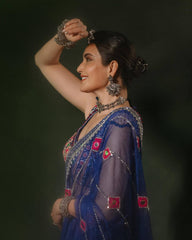 RoopRangi Women's Royal Navy Blue Printed Muslin Cotton Lehenga Choli Set with Real Mirror Work & Dupatta