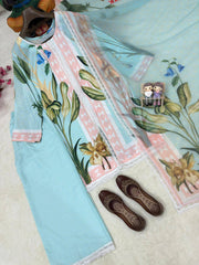 Sky Blue Magic Cotton Digital Print Kurti Pant Set with Georgette Dupatta | Designer Floral Ethnic Suit for Women