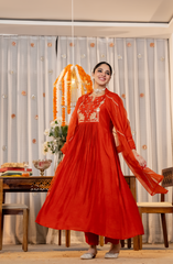 Ruby Red, Burnt Orange & Emerald Green Chanderi Silk Embroidered Anarkali Kurta Pant Set with Organza Dupatta