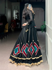 Classic Black Marble Navratri Lehenga Choli Set with Sheer Tunic & Cowrie Bell Detailing