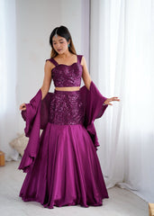 Purple Sequin Embroidered Net Lehenga Skirt Set with Padded Blouse & Crepe Dupatta