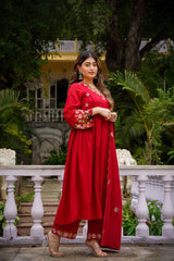 Rooprangi Women's Premium Chanderi Silk Embroidered Kurta Pant Set with Organza Dupatta | Olive Green & Ruby Red