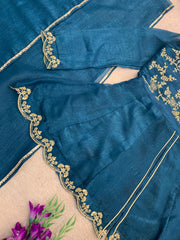 Premium Crunchy Silk Embroidered Peplum Palazzo Suit Set with Matching Crunchy Silk Dupatta | Designer Ethnic Wear for Women
