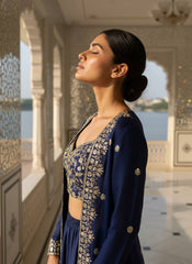 Navy Blue Chinon Silk Embroidered Indo-Western Palazzo Set with Shrug