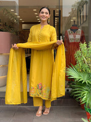 Rooprangi Women's Premium Chanderi Silk Embroidered Kurta Pant Set with Chanderi Dupatta | Olive Green & Mustard Yellow