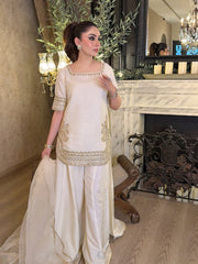 Women's Premium Chinon Embroidered Kurta Palazzo Set with Organza Dupatta | Off White Party Wear Suit
