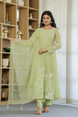 Rooprangi Women's Premium Chanderi Silk Embroidered Kurta Pant Set with Embroidered Chanderi Dupatta | Lavender & Pistachio Green
