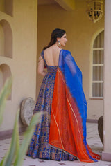 Rooprangi Women's Premium Royal Blue Jimmy Organza Silk Digital Printed Anarkali Gown with Organza Dupatta | Festive & Wedding Wear